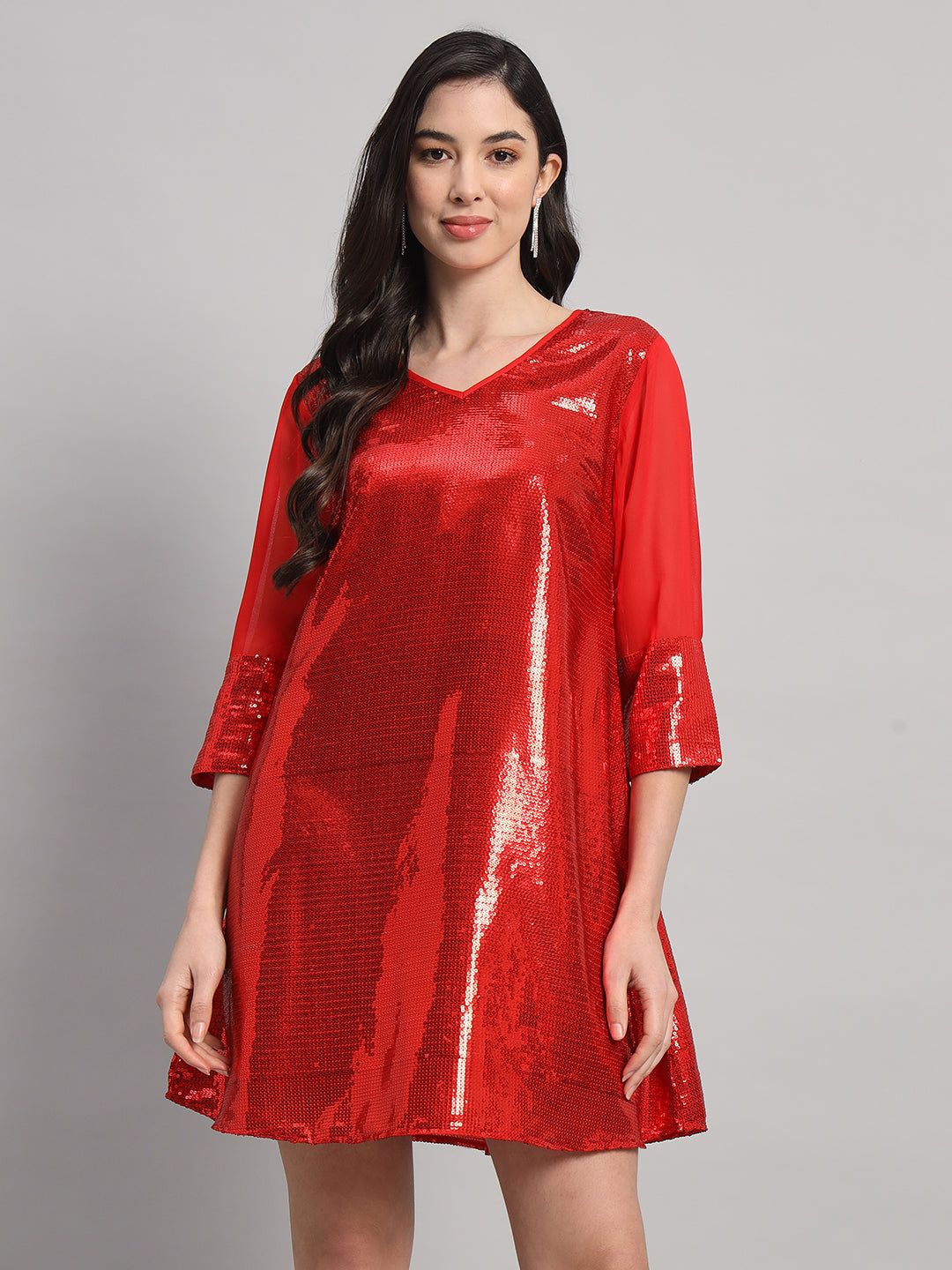Curvydrobe Womens Red Solid Seqwined A-Line Dress