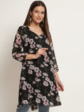 Curvydrobe Black floral print v neck dress with 3/4 sleeve