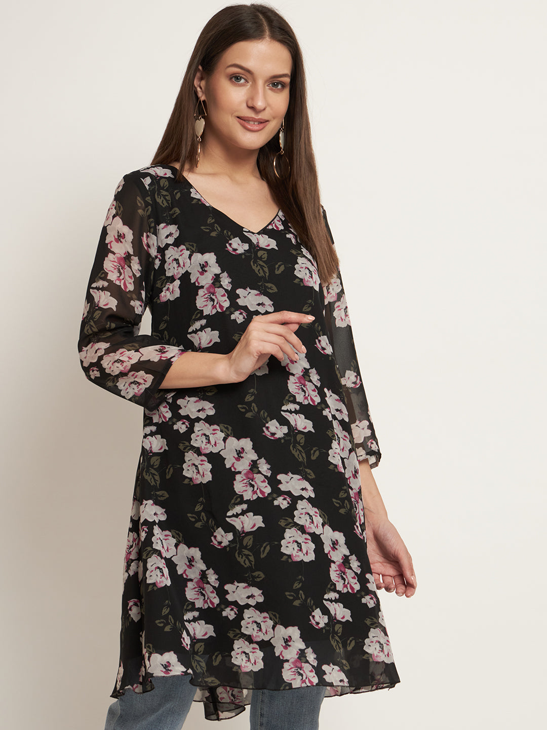 Curvydrobe Black floral print v neck dress with 3/4 sleeve