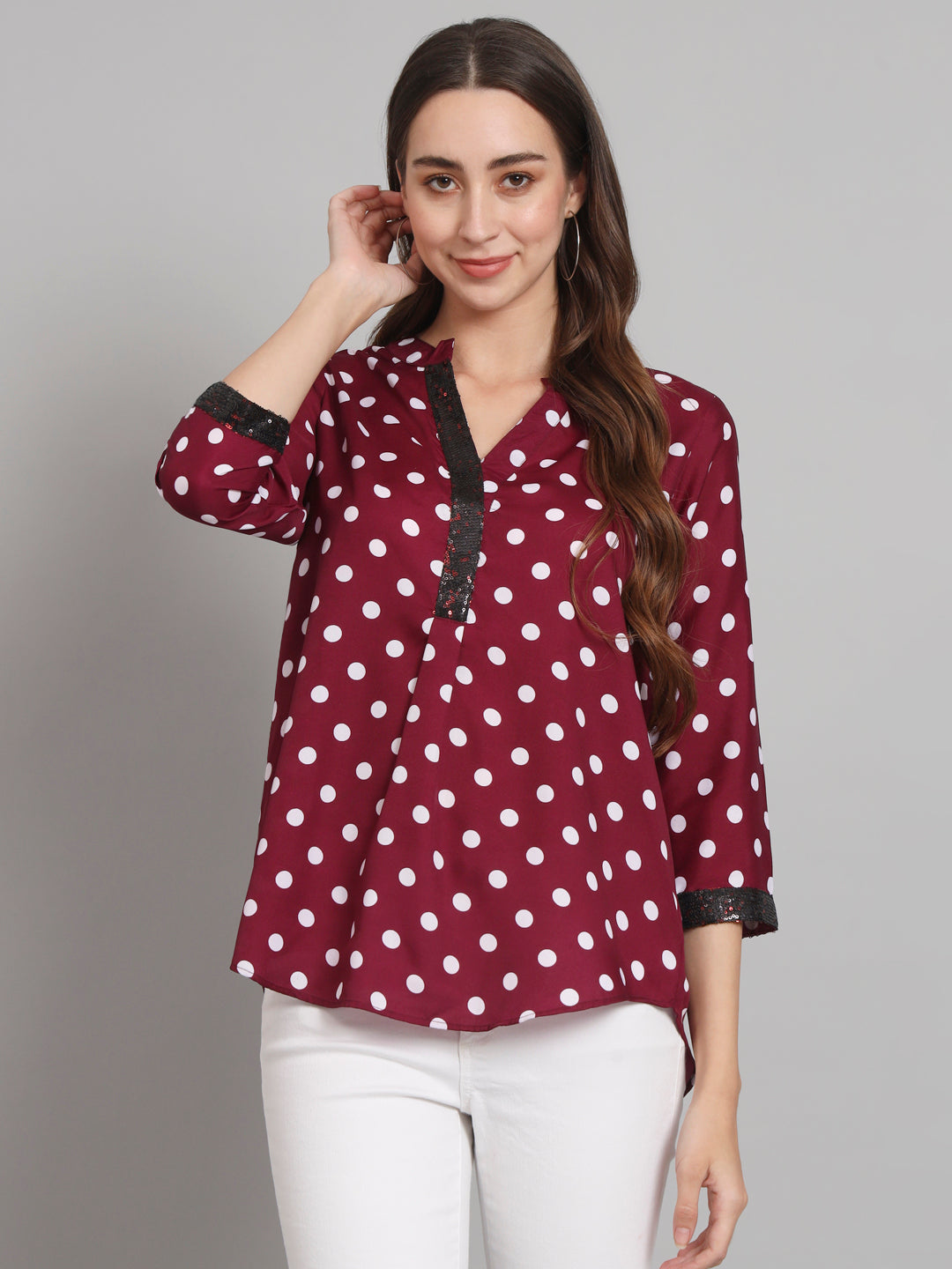 Curvydobe Burgundy Mandrain Collar placket Top