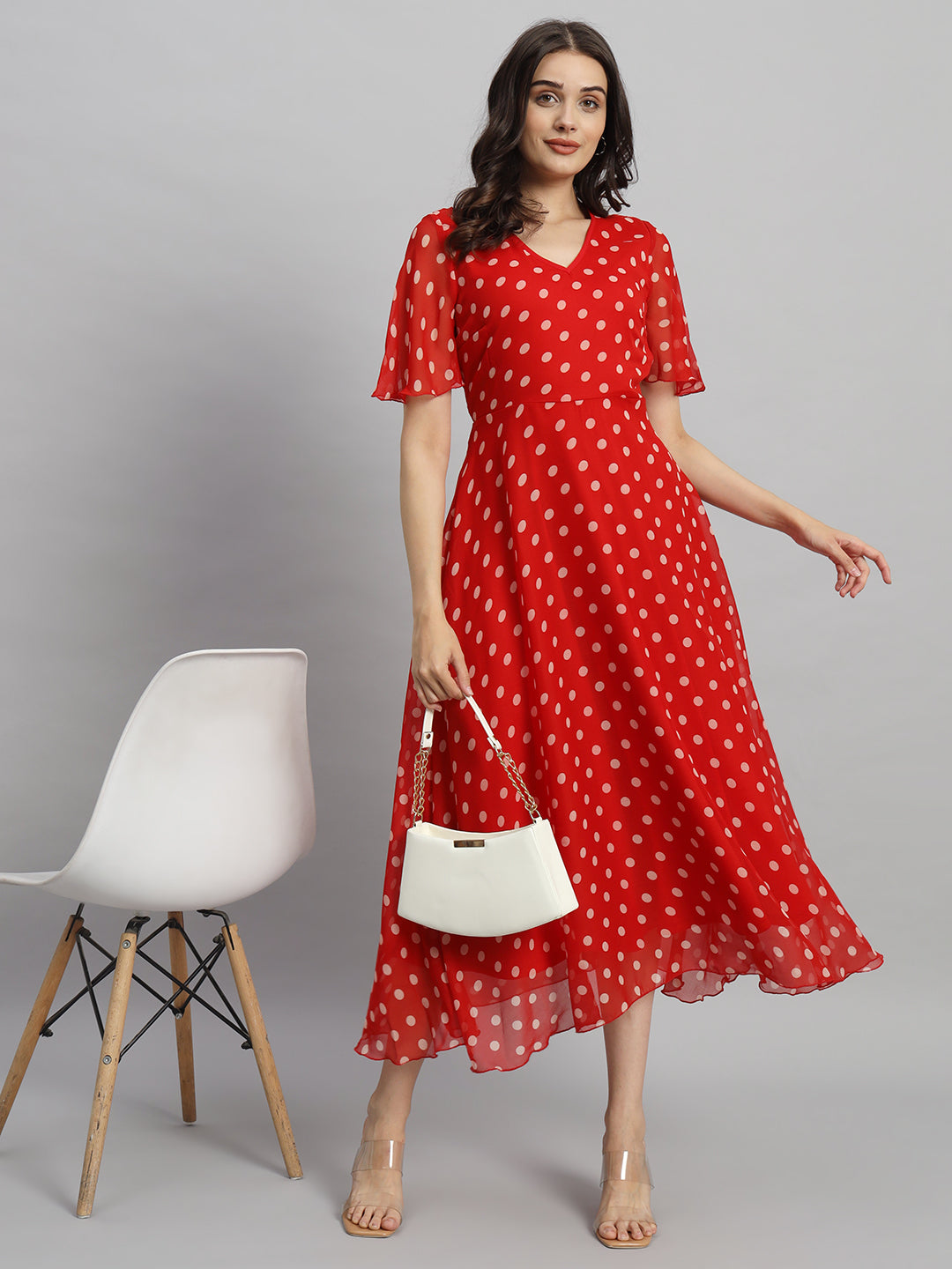 Red & White Polka Dot Printed Maxi A-Line Dress