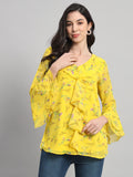 Curvydobe Womens Yellow Floral Print V-Neck Top