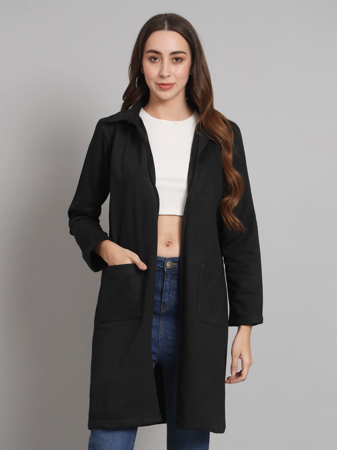 Curvydobe Black solid open front jacket