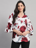 Curvydobe White Floral Print V-Neck Top
