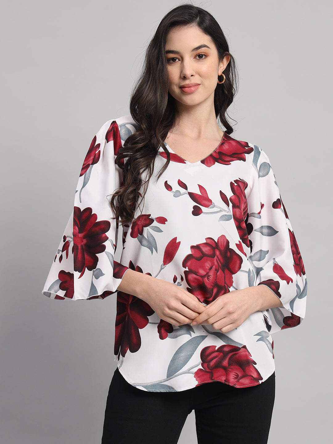Curvydobe White Floral Print V-Neck Top