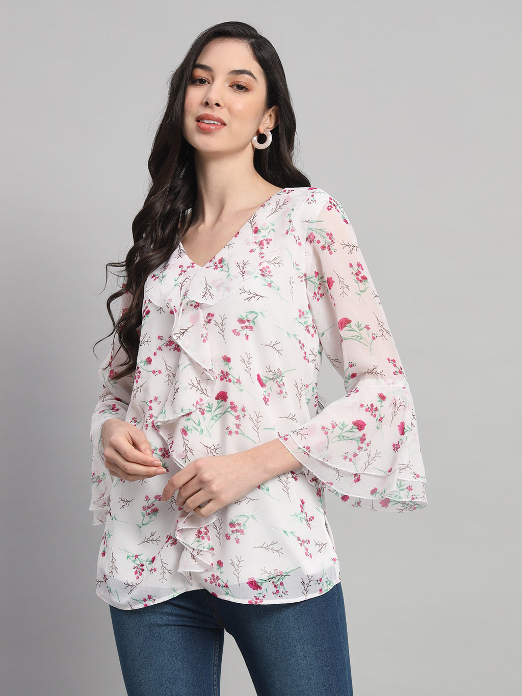 Curvydobe Womens White Floral Print V-Neck Top