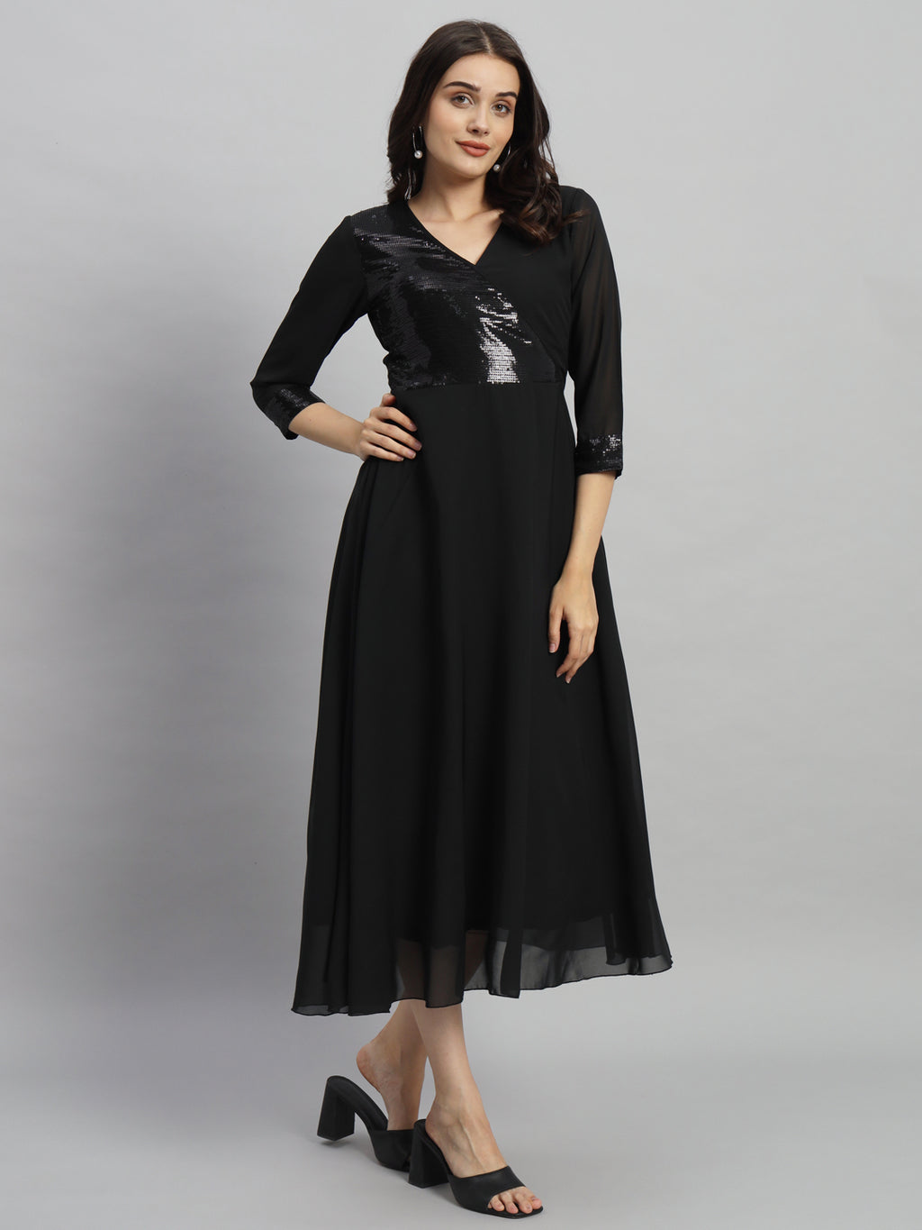 Curvydrobe Women Solid Black Siqwined Fit & Flare Dress