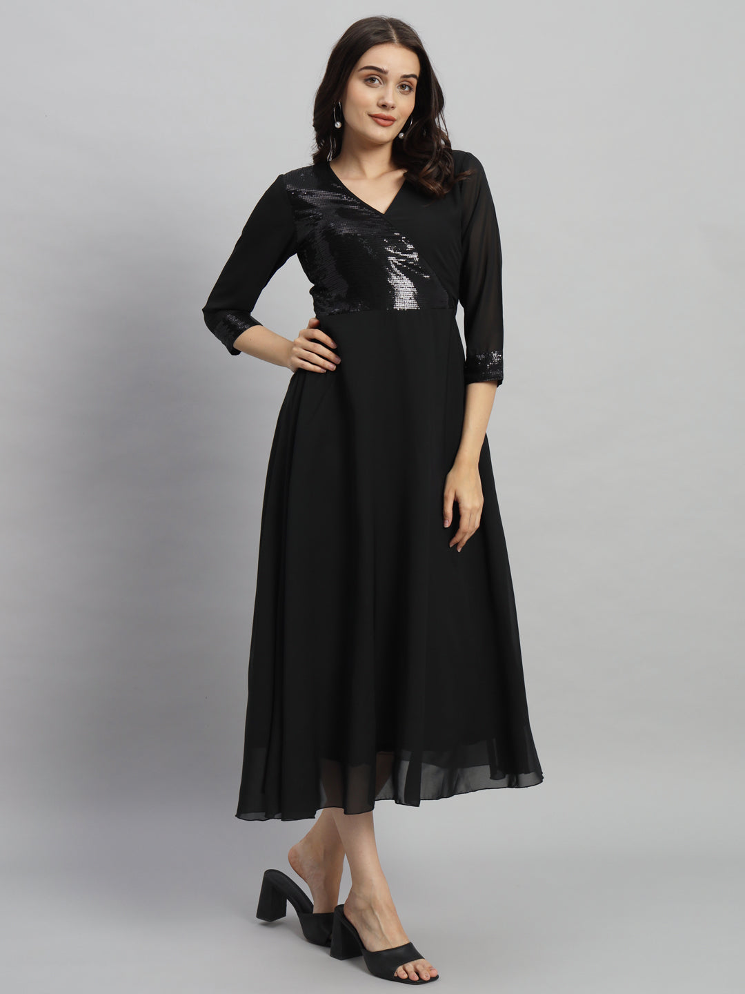 Curvydrobe Women Solid Black Siqwined Fit & Flare Dress