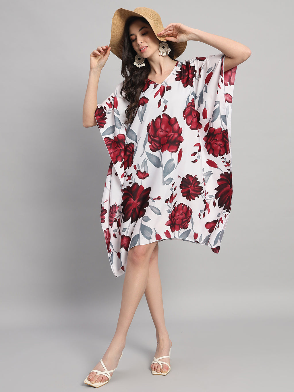 Curvydrobe Womens White Floral Print Kaftan V Neck