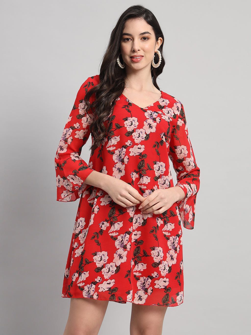 Curvydrobe Womens Red Floral Print A line Dress