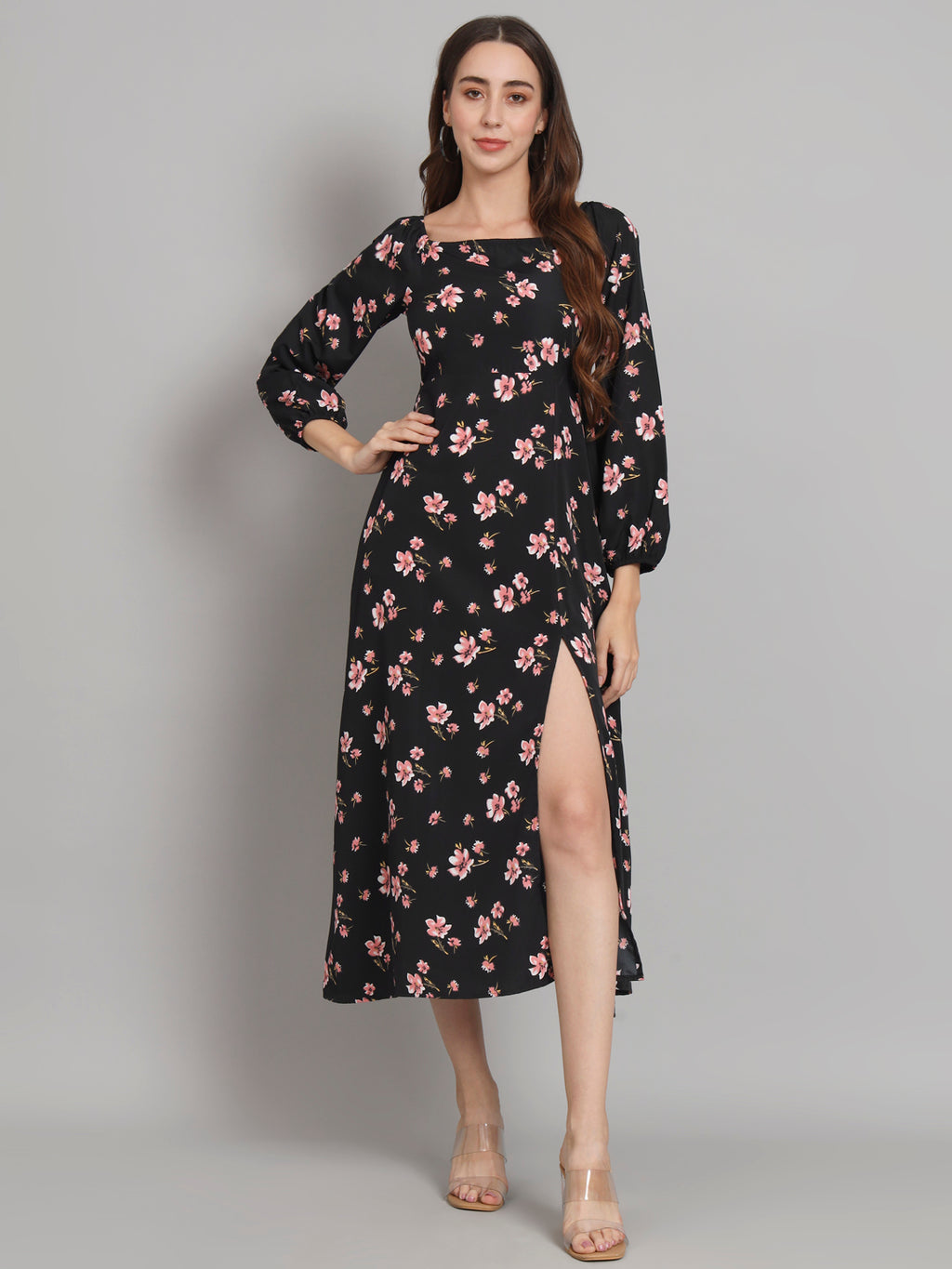 Curvydrobe Womens black floral longline with square neck and one thigh slit dress