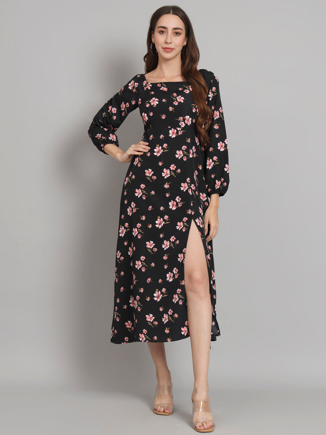 Curvydrobe Womens black floral longline with square neck and one thigh slit dress