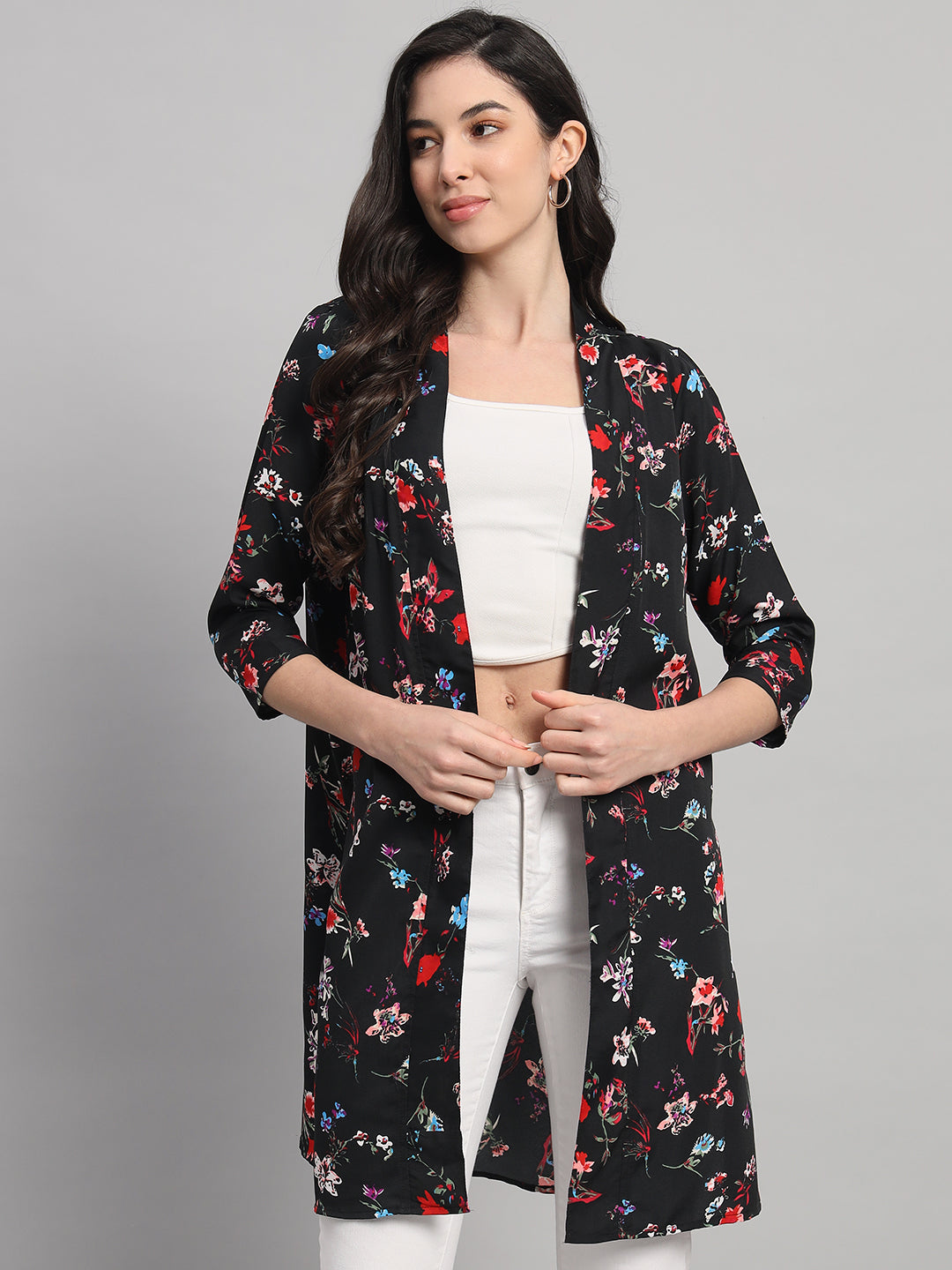 Curvydobe Womens Black Floral Printed Front-Open Shrug