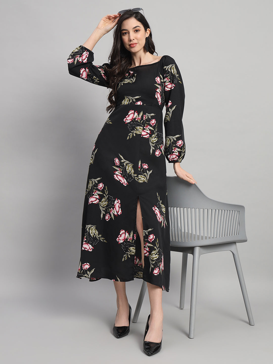 Curvydrobe Womens black floral Fit & Flare Dress