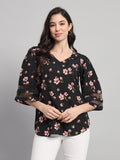 Curvydobe Womens black Floral Print V-Neck Top