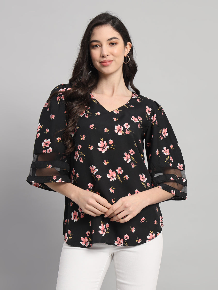 Curvydrobe Womens black Floral Print V-Neck Top
