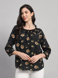 Curvydobe Womens Black Floral Print V-Neck Top
