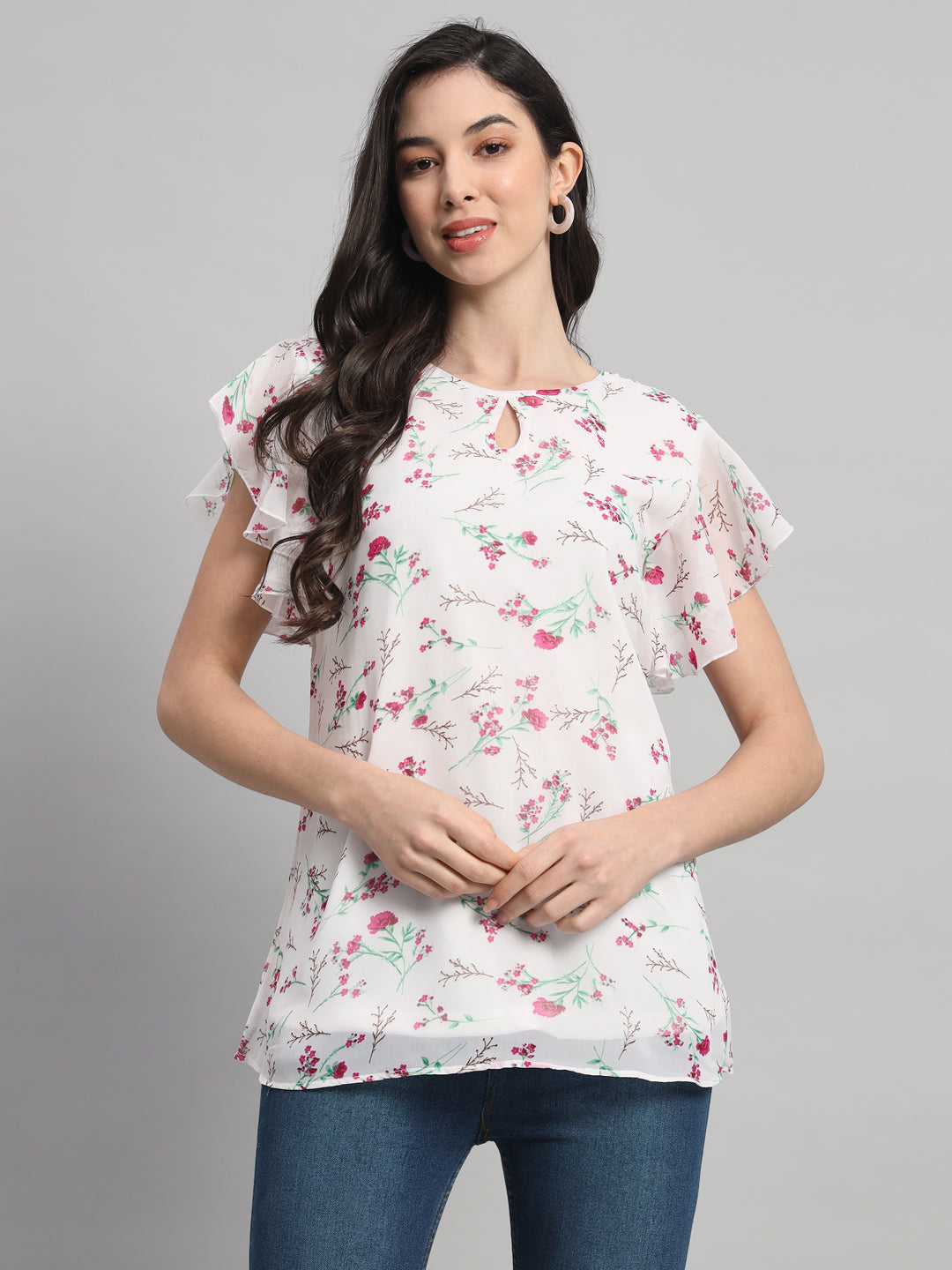 Curvydobe White Floral Print V-Neck Top
