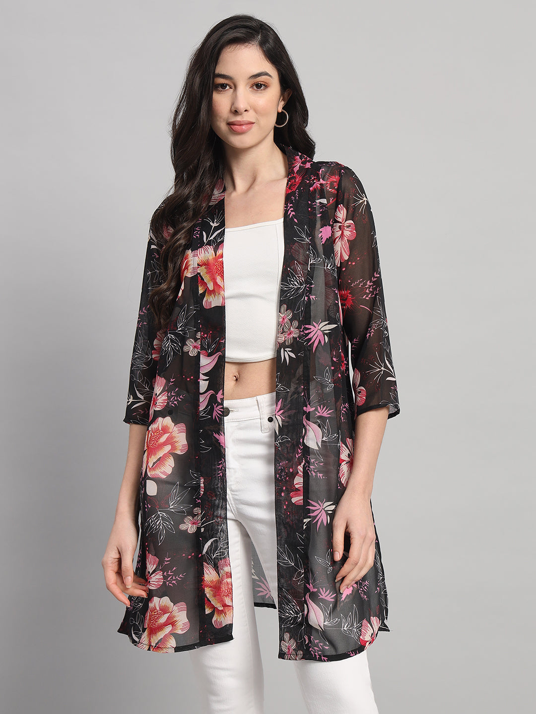 Curvydobe Black Floral Print Front-Open Shrug
