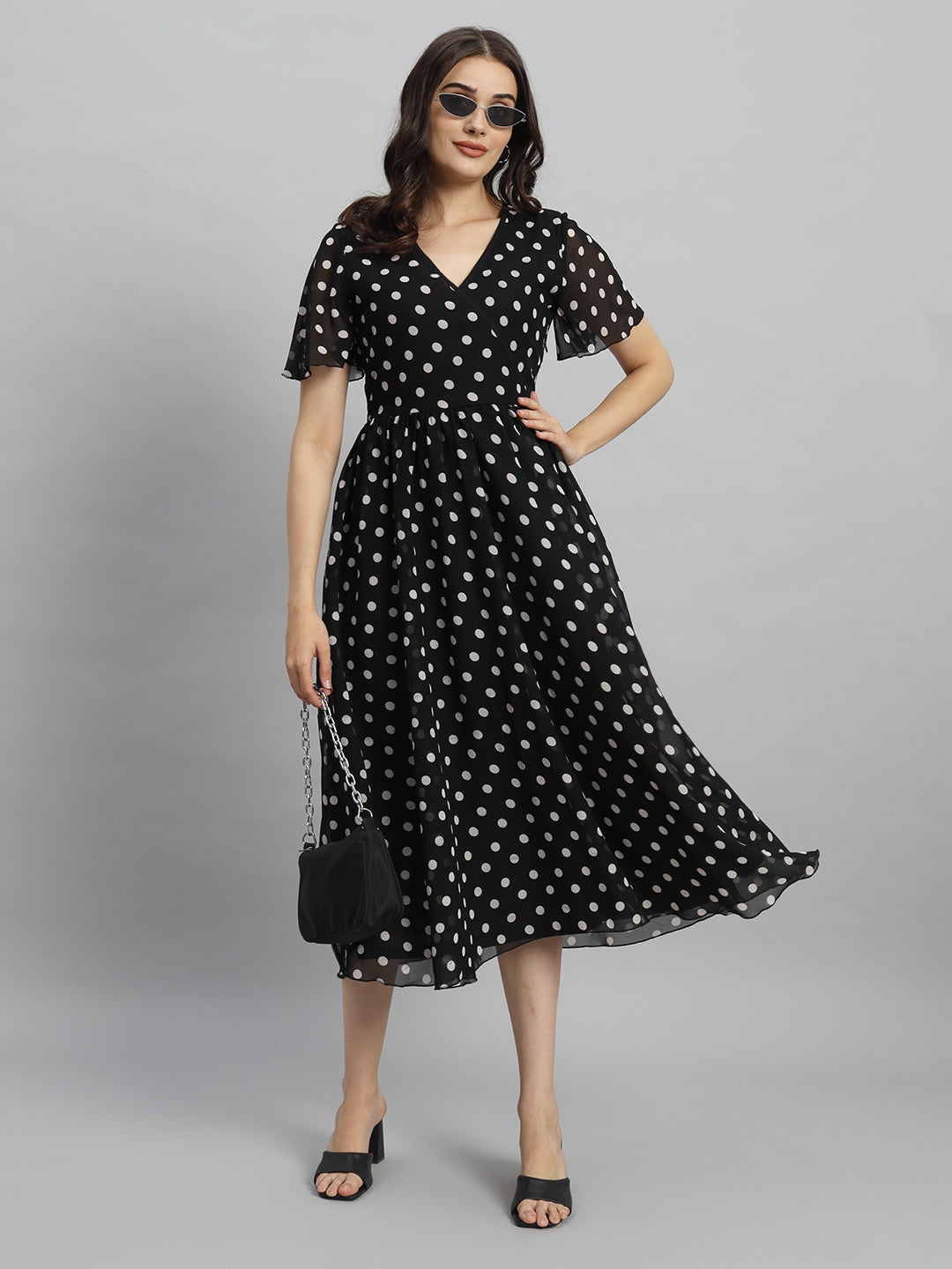 Curvydrobe Women Black Polka Dot Print A-Line Dress