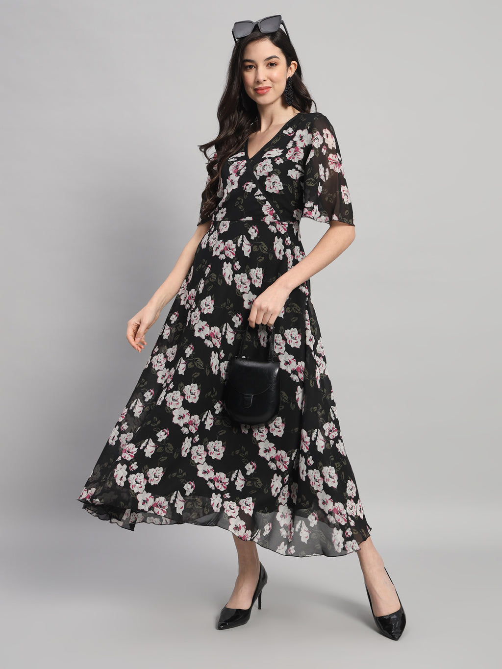 Curvydrobe Womens Black Floral Print Fit & Flare Dress