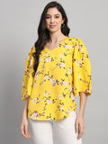 Curvydobe Womens Yellow Floral Print V-Neck Top