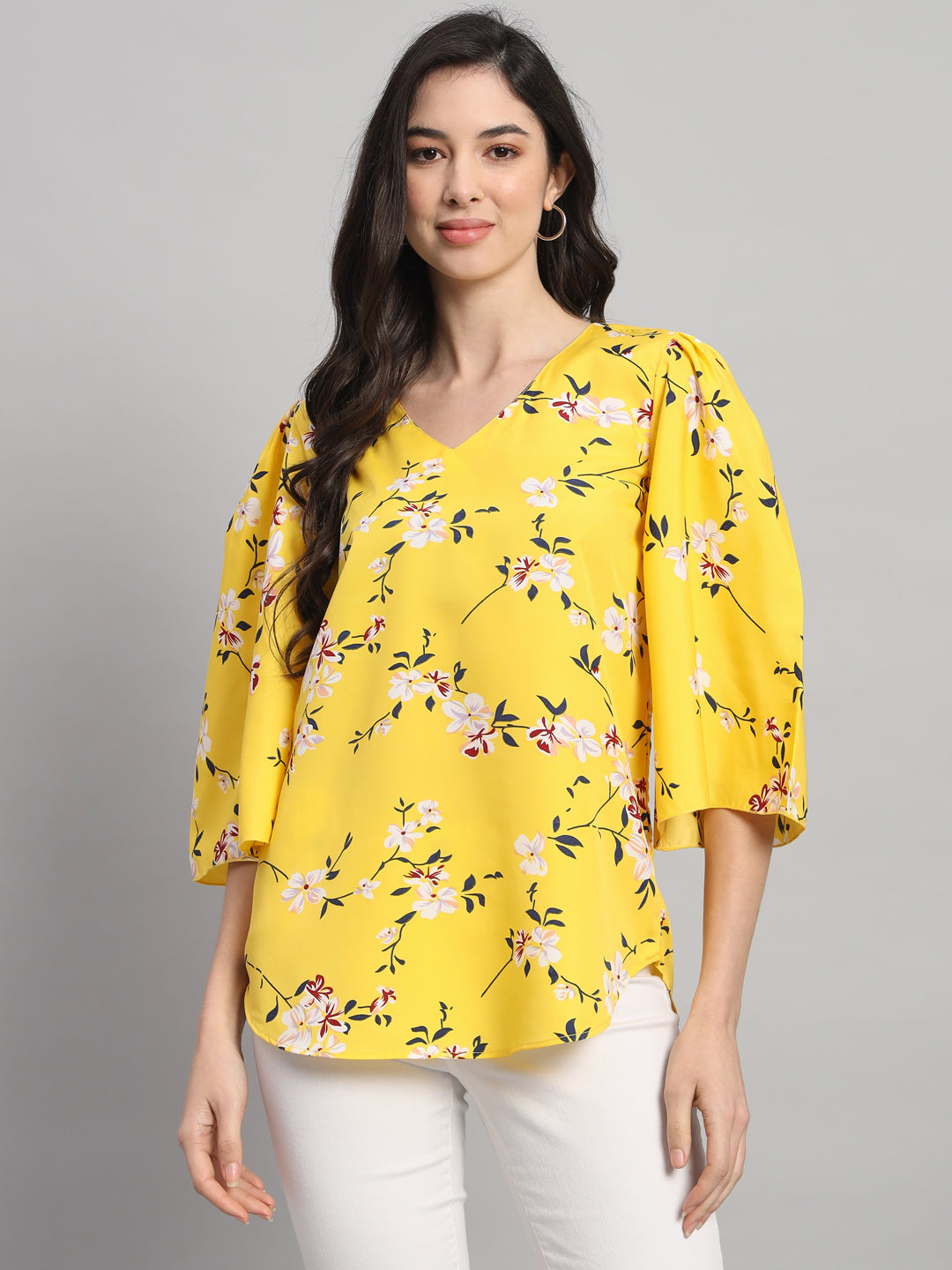 Curvydobe Womens Yellow Floral Print V-Neck Top