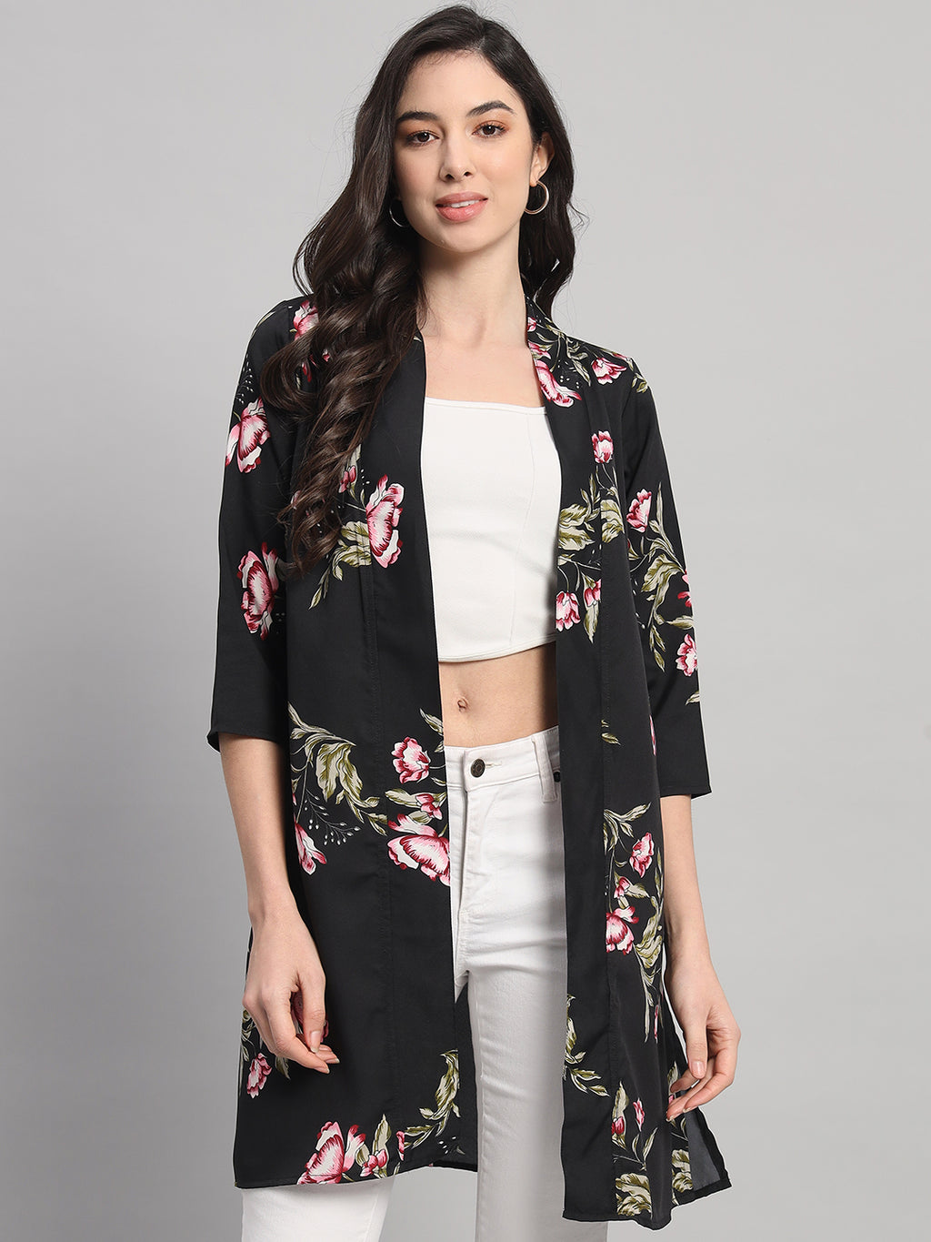 Curvydobe Womens Black Floral Print Front-Open Shrug