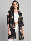 Curvydobe Womens Black Floral Print Front-Open Shrug