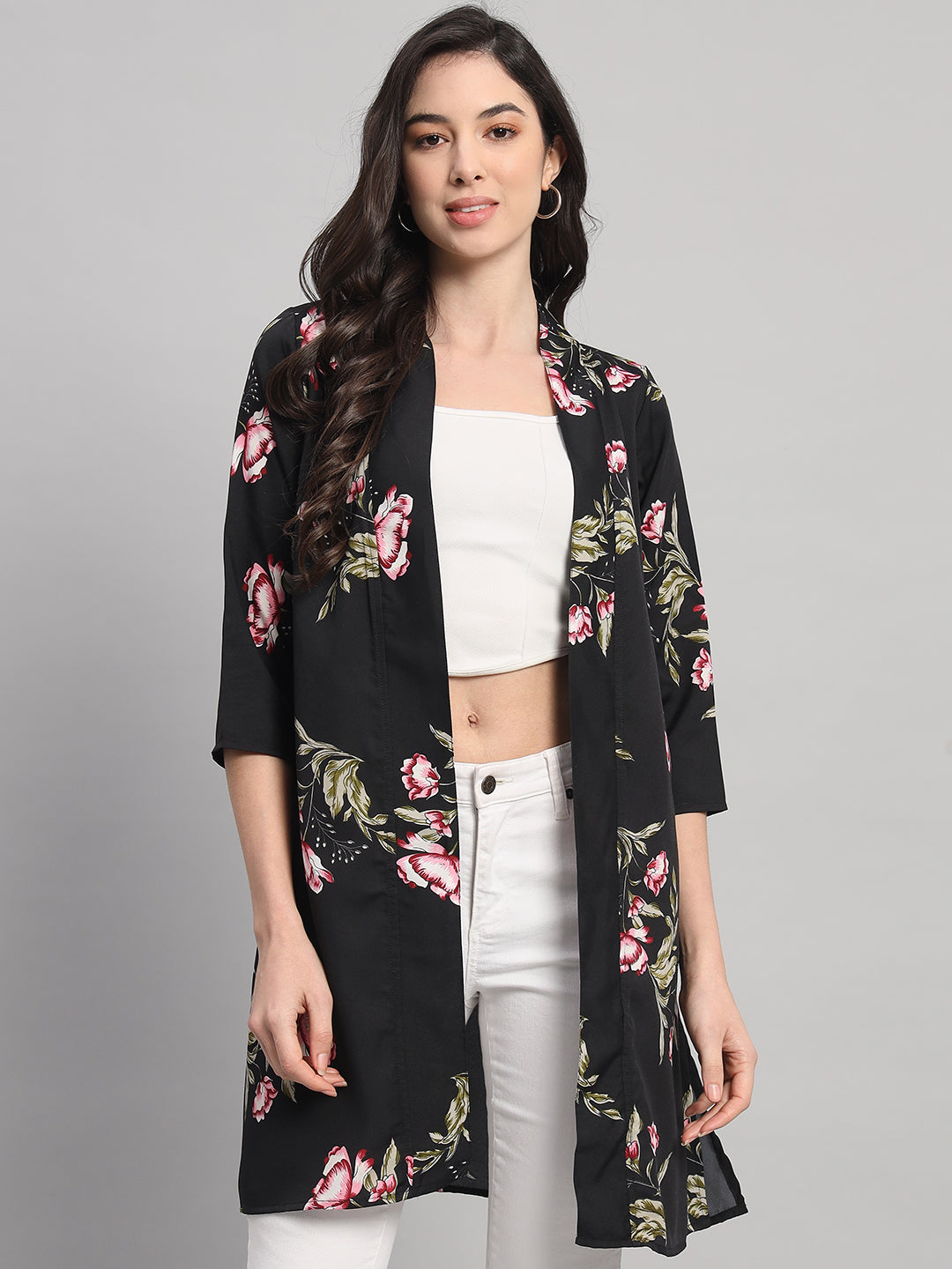 Curvydobe Womens Black Floral Print Front-Open Shrug