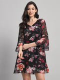 Curvydrobe Womens Black Floral Print A line Dress