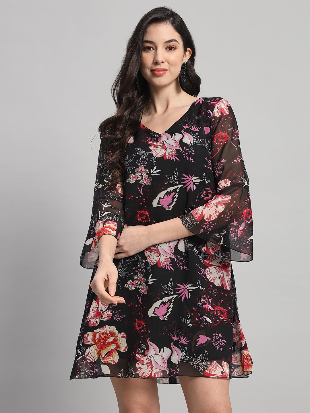 Curvydrobe Womens Black Floral Print A line Dress