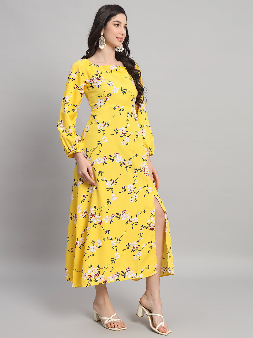 Curvydrobe Womens Yellow floral Fit & Flare Dress