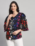 Curvydobe Womens Black Printed V-Neck Top
