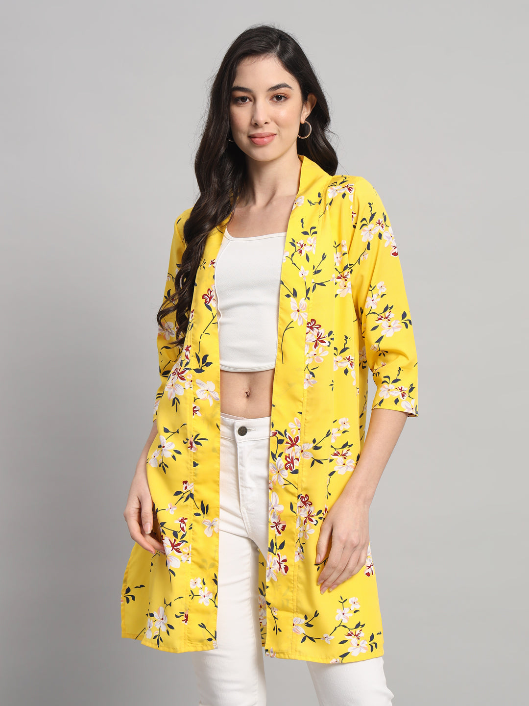 Curvydobe Womens Yellow Floral Print Front-Open Shrug