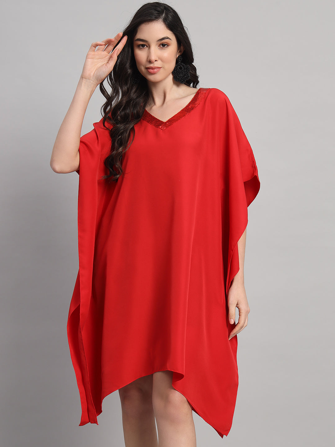 Curvydrobe Women Solid Red Seqwined V-Neck Kaftan