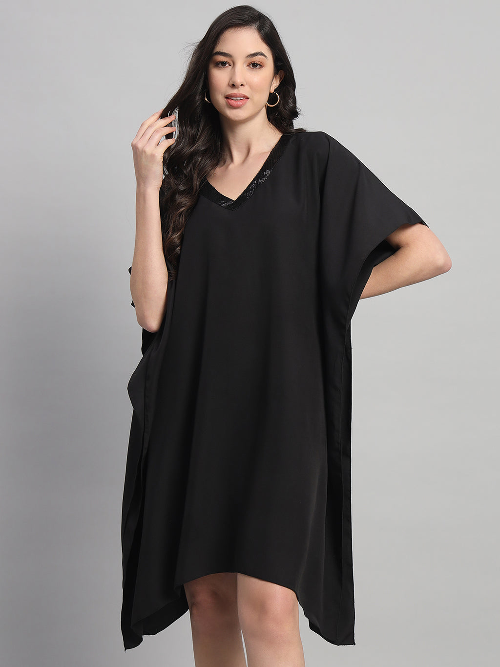 Curvydrobe Women Solid Black Seqwined V-Neck Kaftan