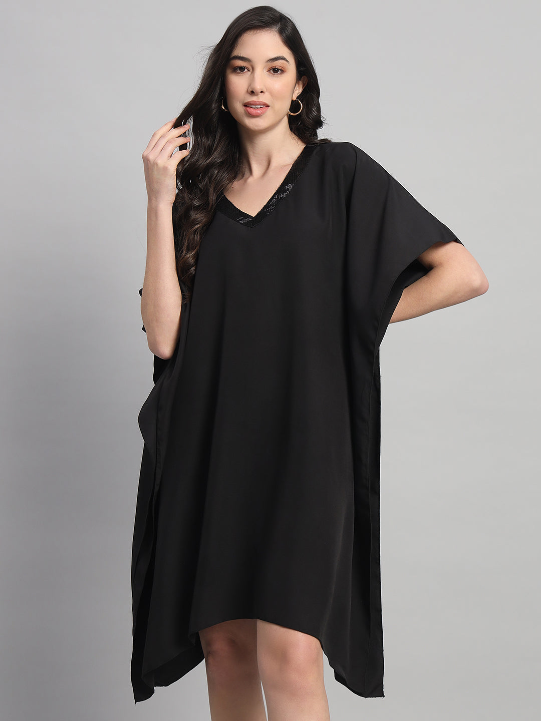 Curvydrobe Women Solid Black Seqwined V-Neck Kaftan