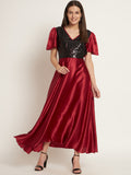 Curvydrobe Women Maroon Sequinned Detail Maxi Dress