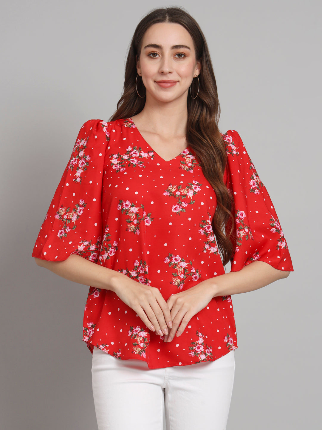 Curvydobe Red Polka dot printed Bell Sleeves top