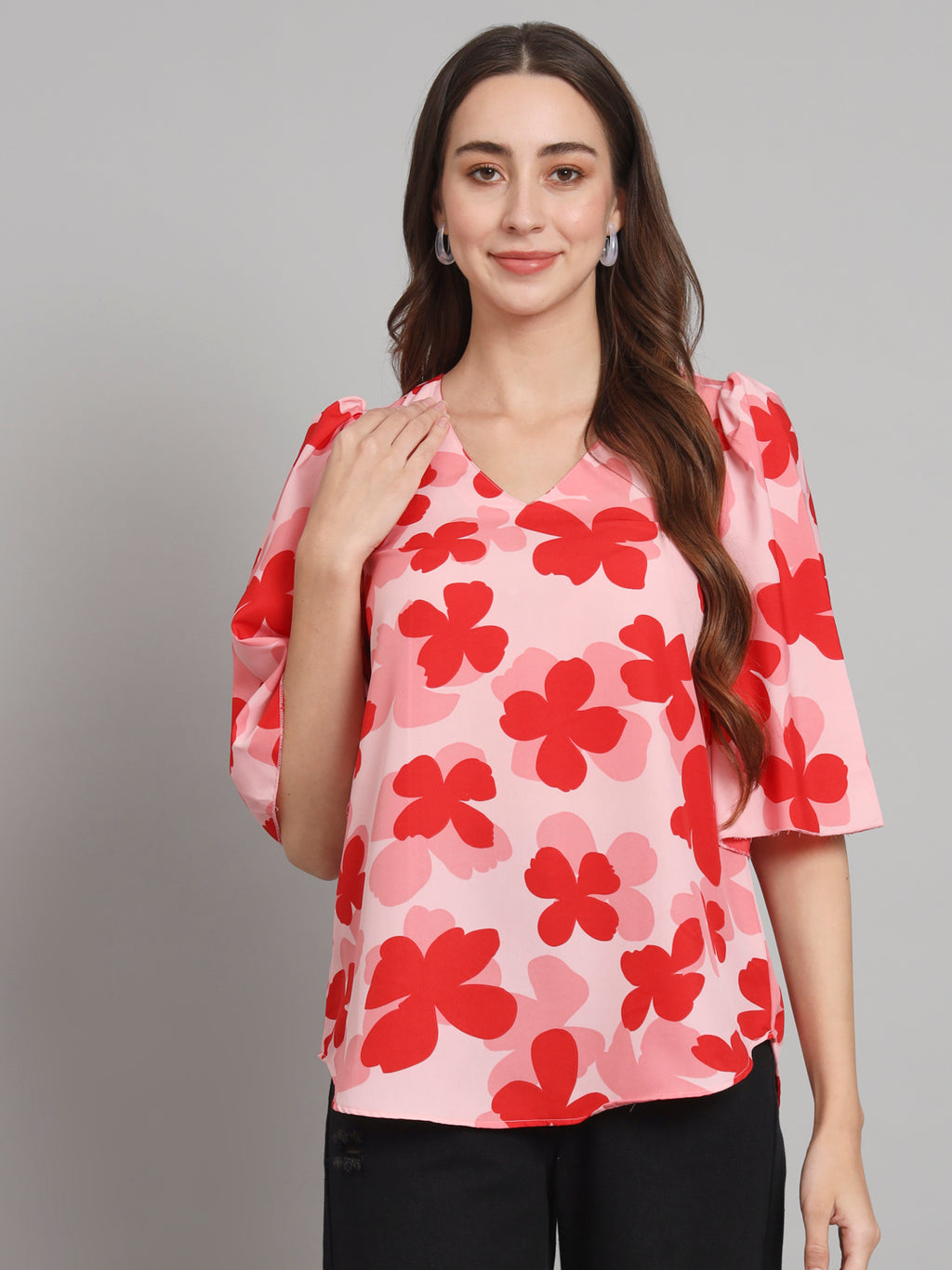 Curvydobe Pink floral print Bell Sleeves top