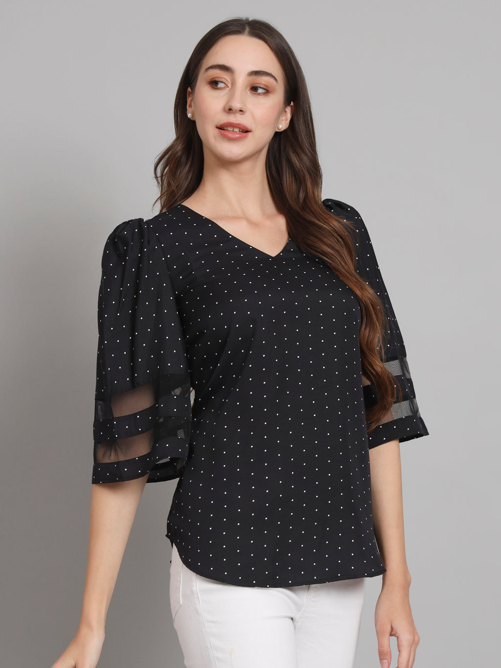 Curvydobe Black Polka dot print Bell Sleeves top