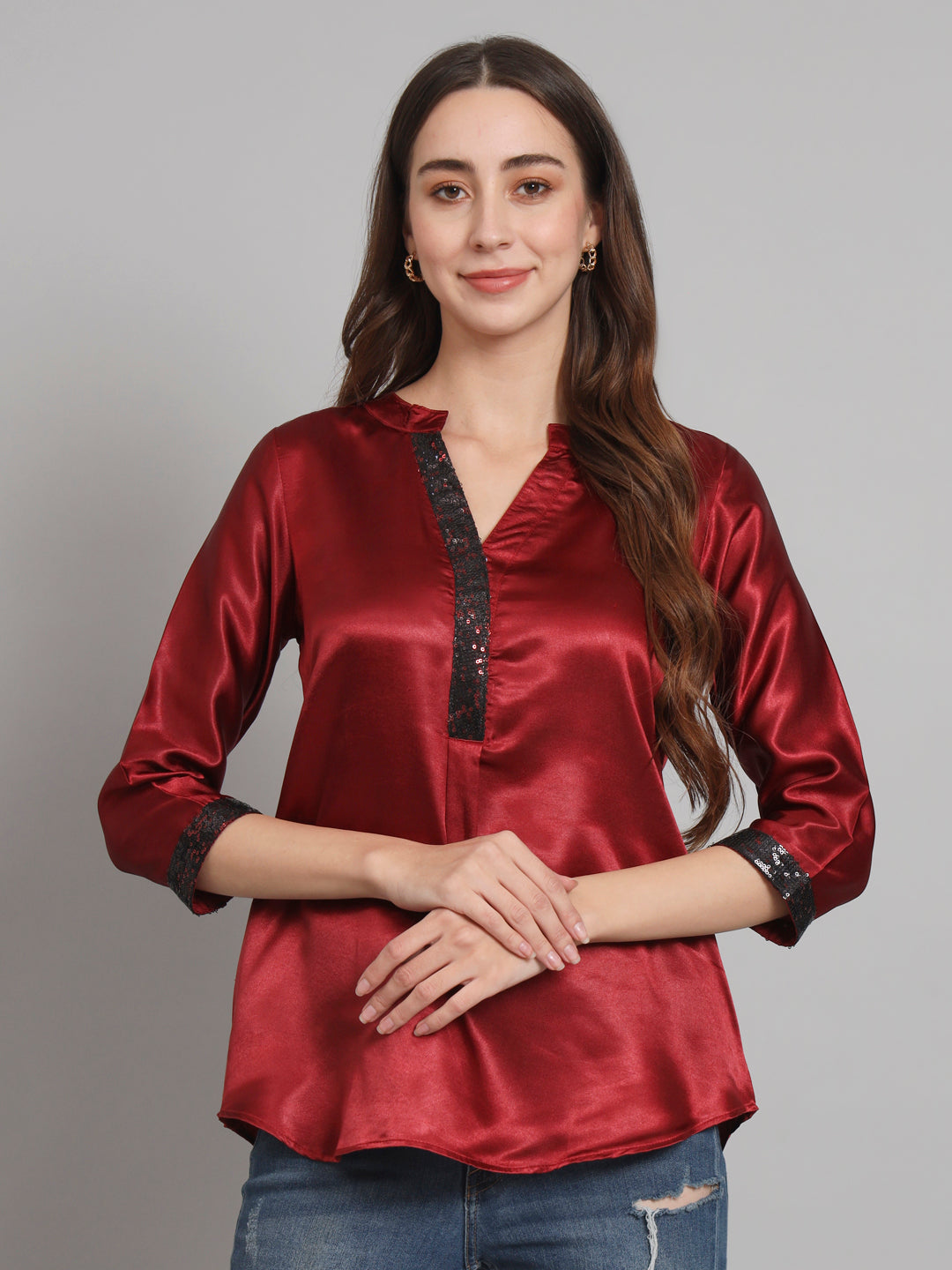 Curvydobe Maroon Mandrain Collar placket Top