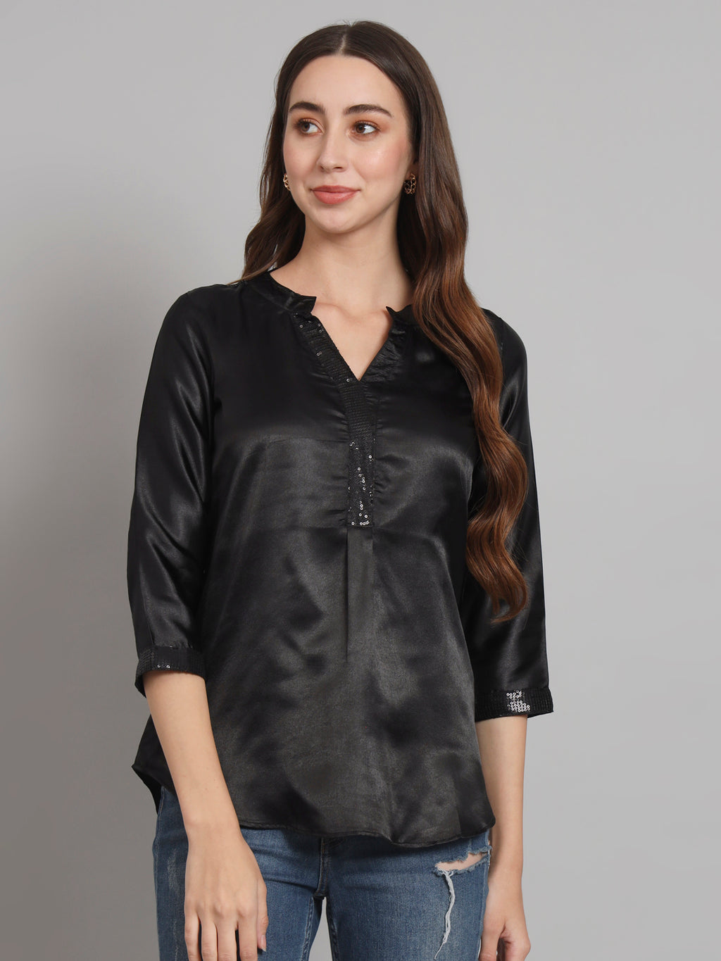 Curvydobe Black Mandrain Collar placket Top