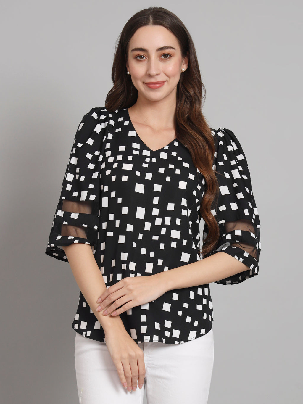 Curvydobe Black Geometric print Bell Sleeves top