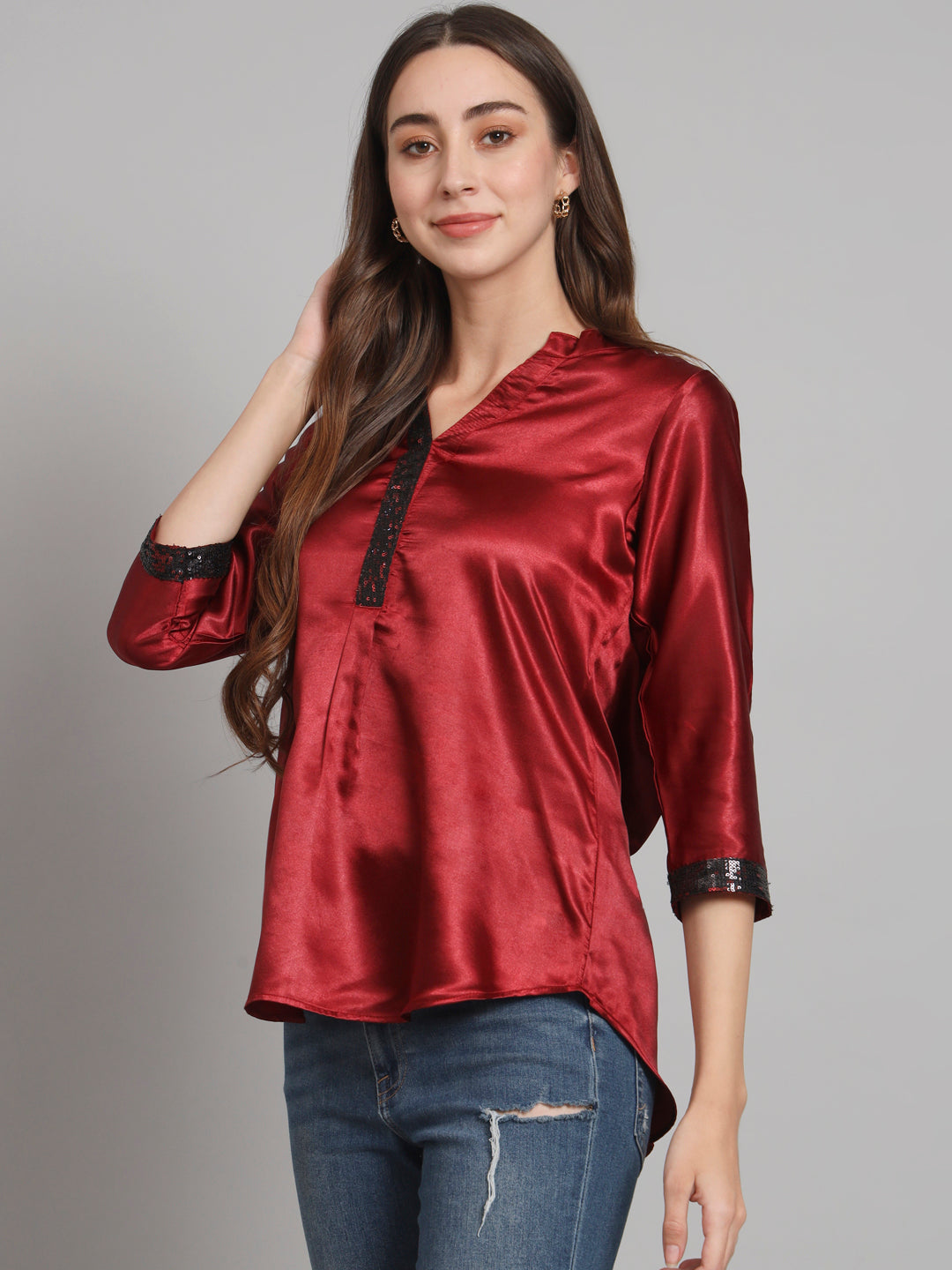 Curvydobe Maroon Mandrain Collar placket Top