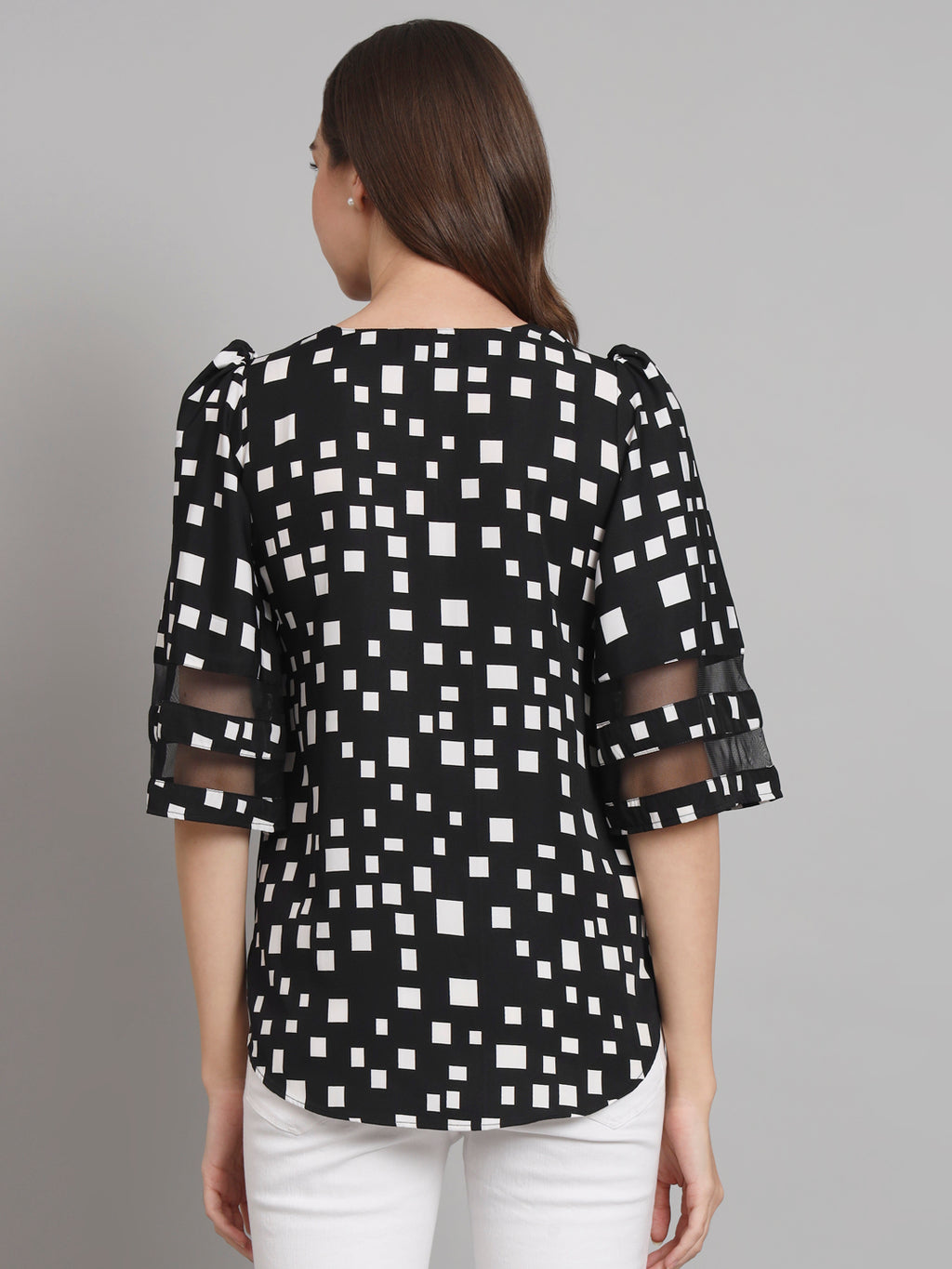 Curvydobe Black Geometric print Bell Sleeves top