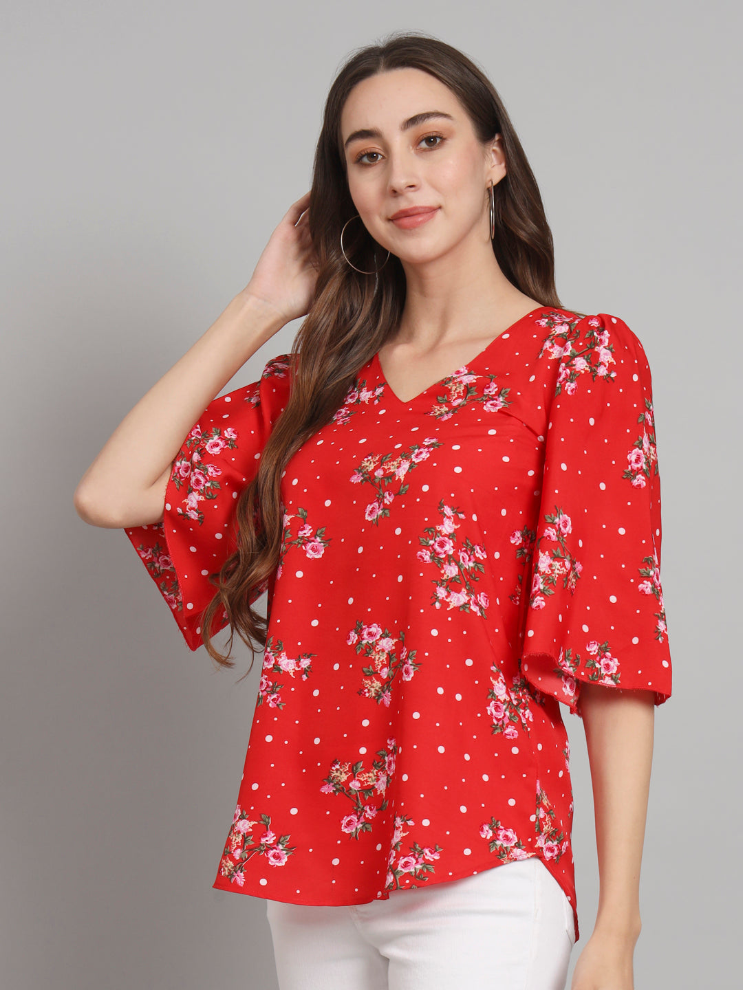Curvydobe Red Polka dot printed Bell Sleeves top