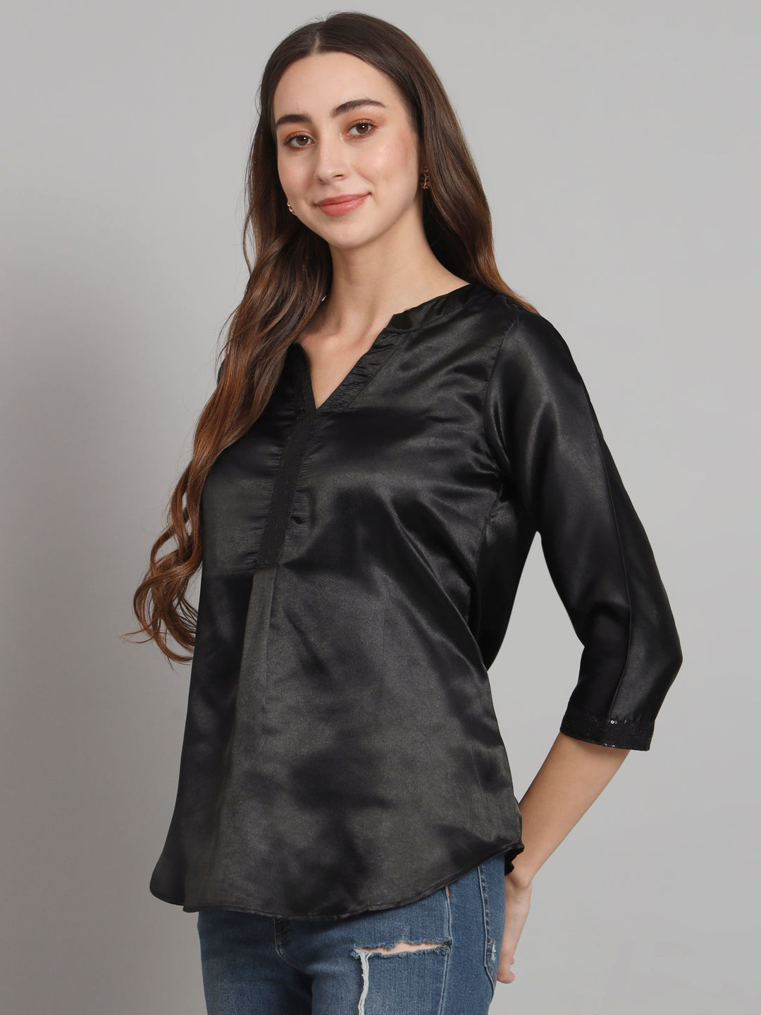 Curvydobe Black Mandrain Collar placket Top