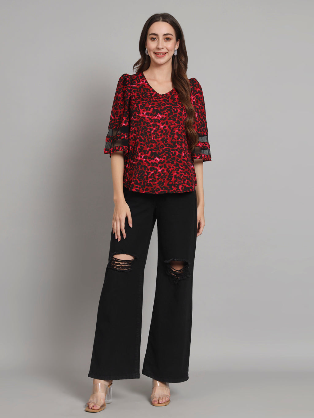 Curvydobe Black animal print Bell Sleeves top